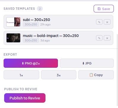 Saved Templates Panel with Export Options – PNG, JPG, 1x, 2x, 3x
